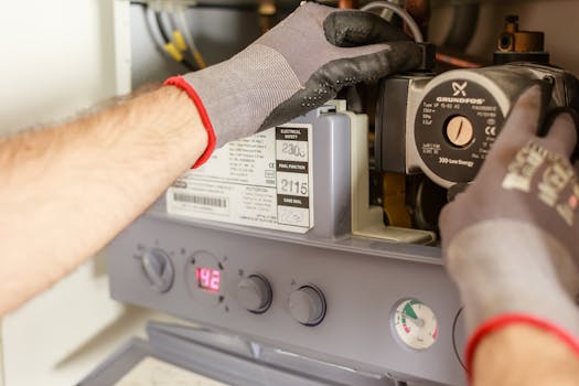 Close-up of hands adjusting a boiler system with precise instrumentation, showing maintenance work.